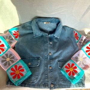 Mystree Jean Jacket Hippie Boho Women’s Large M Blue Cotton Crochet Sleeves